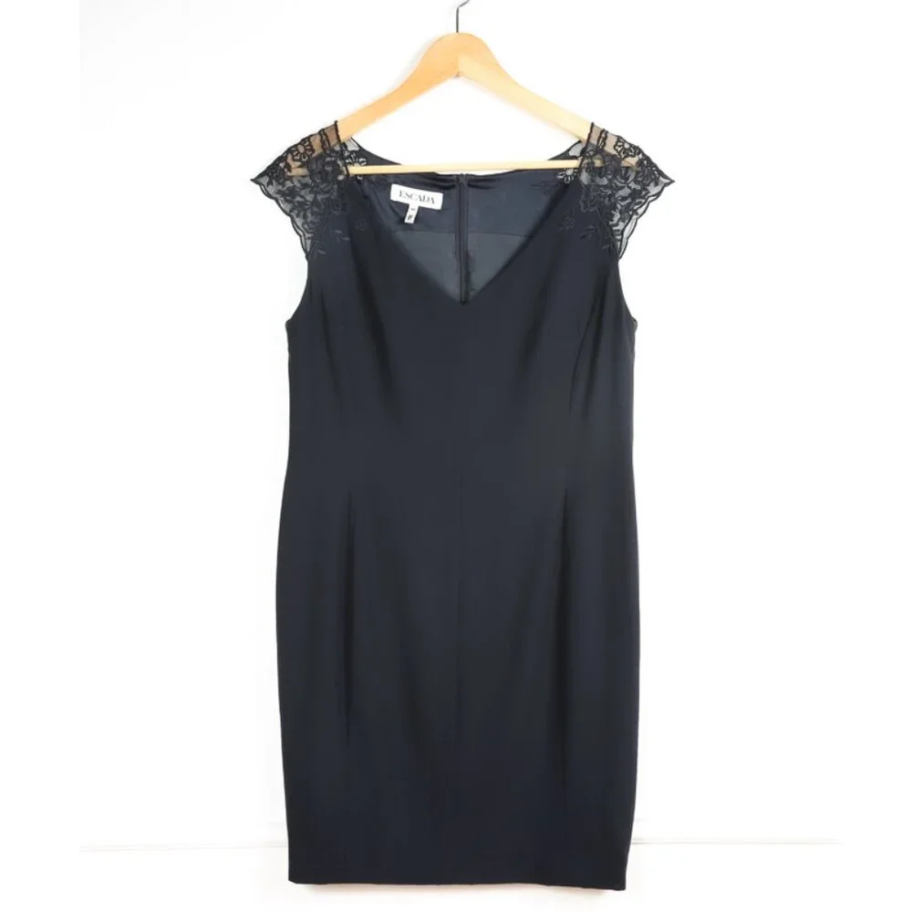 ESCADA Black Wool Blend Sheath Dress with Lace Capped Sleeves